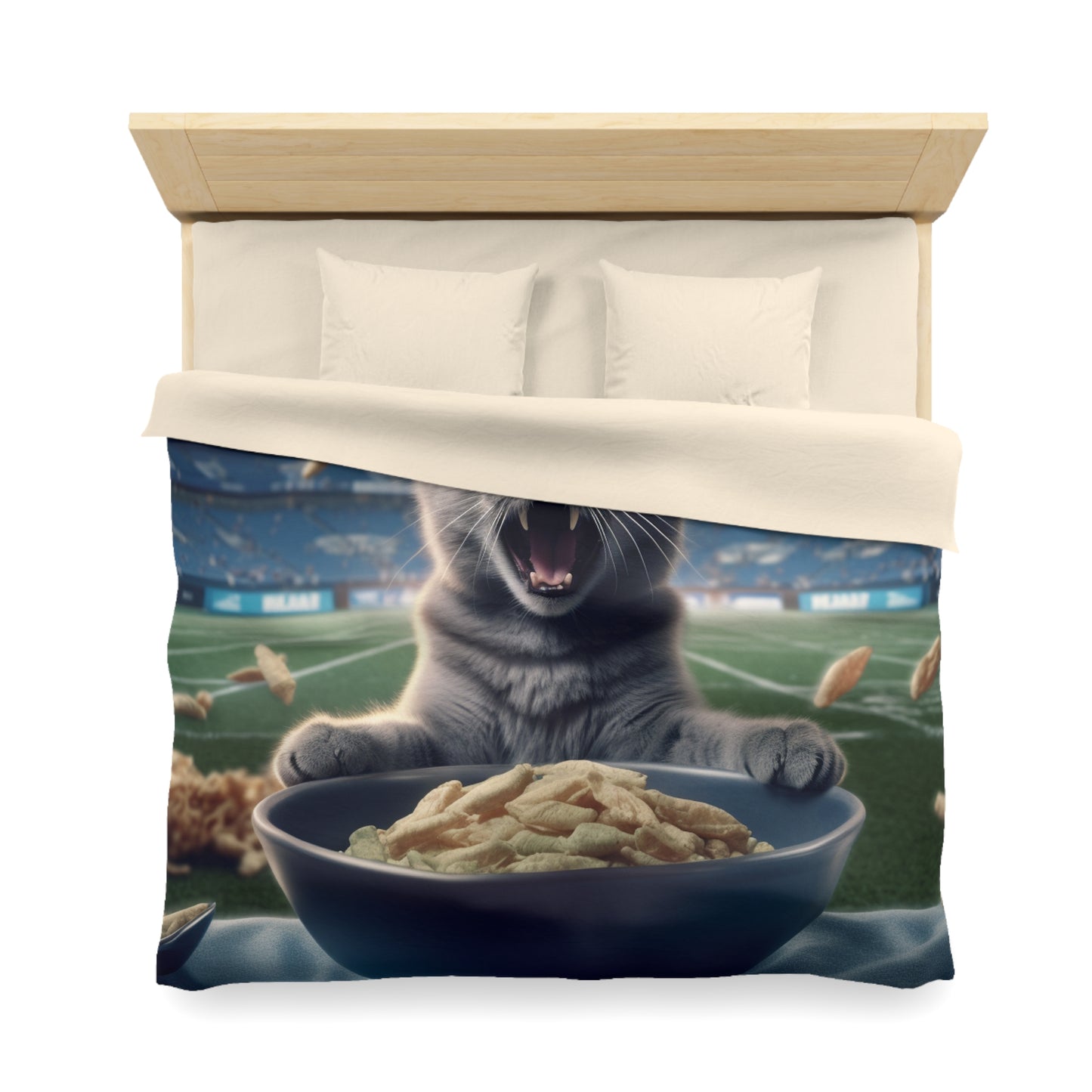 Halftime Football Feline: Screaming Sports Fan Cat Stadium Food Kitten - Microfiber Duvet Cover