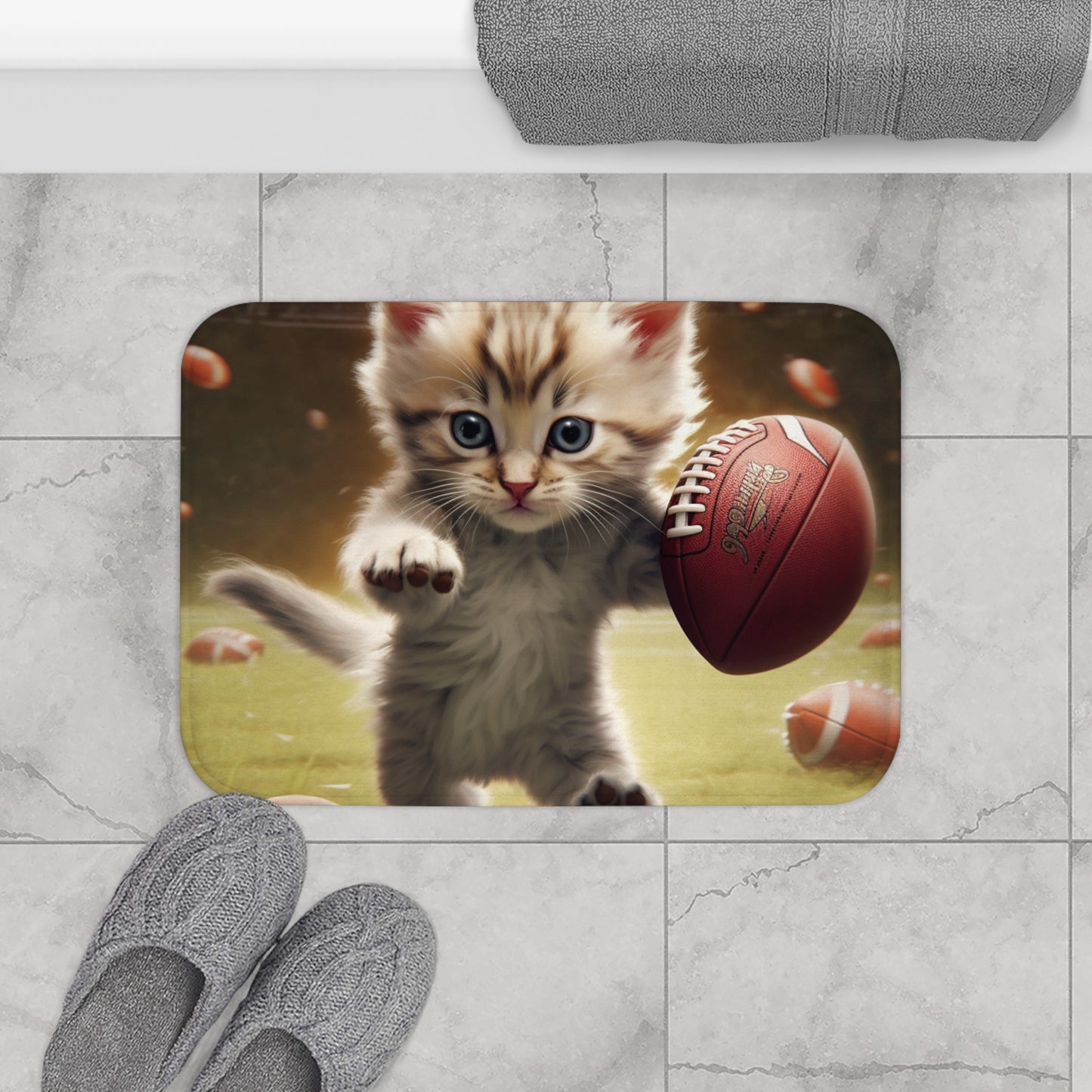 Football Kitty Fantasy: Feline Cat American Sport Quarterback - Alfombra de baño