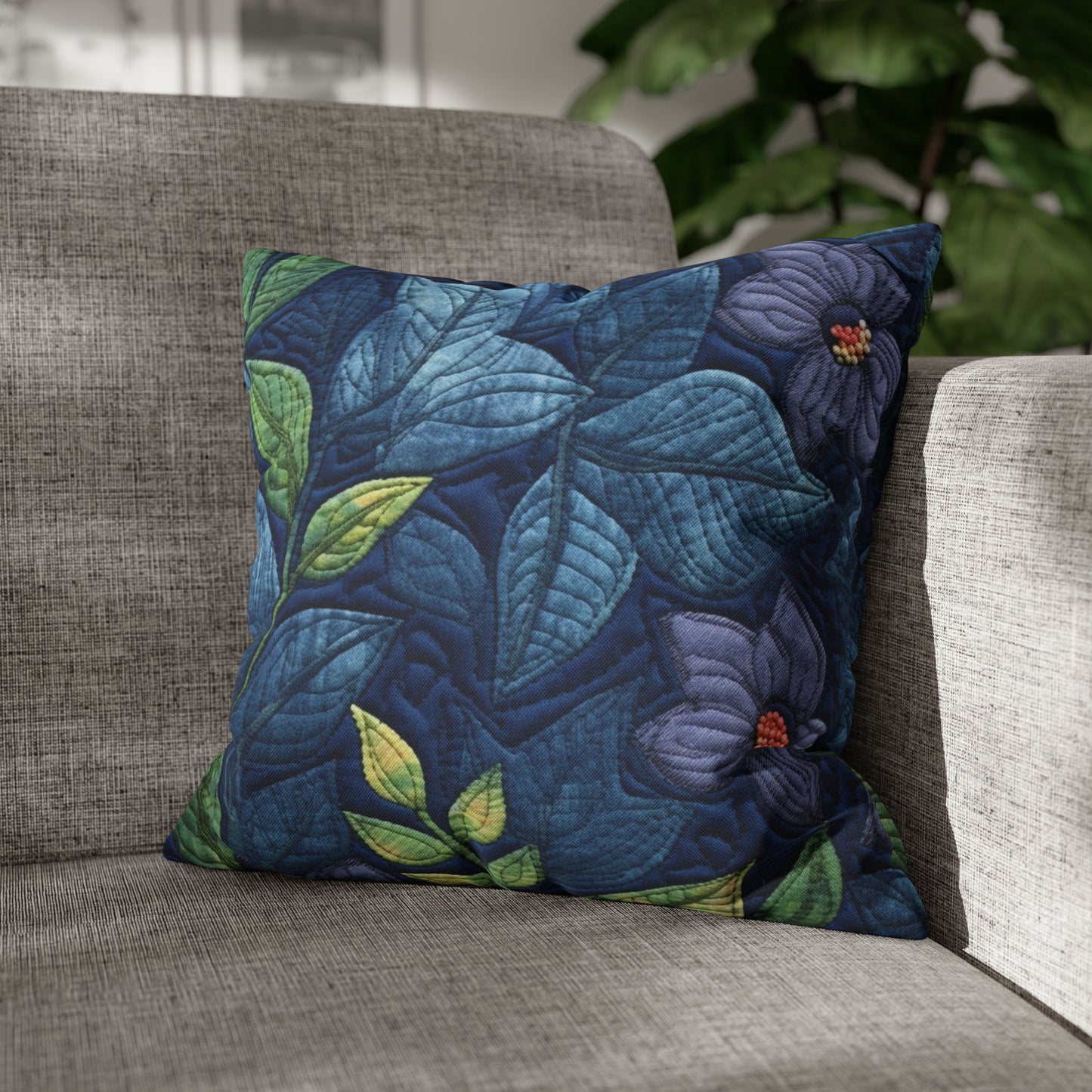 Floral Embroidery Blue: Denim-Inspired, Artisan-Crafted Flower Design - Spun Polyester Square Pillow Case