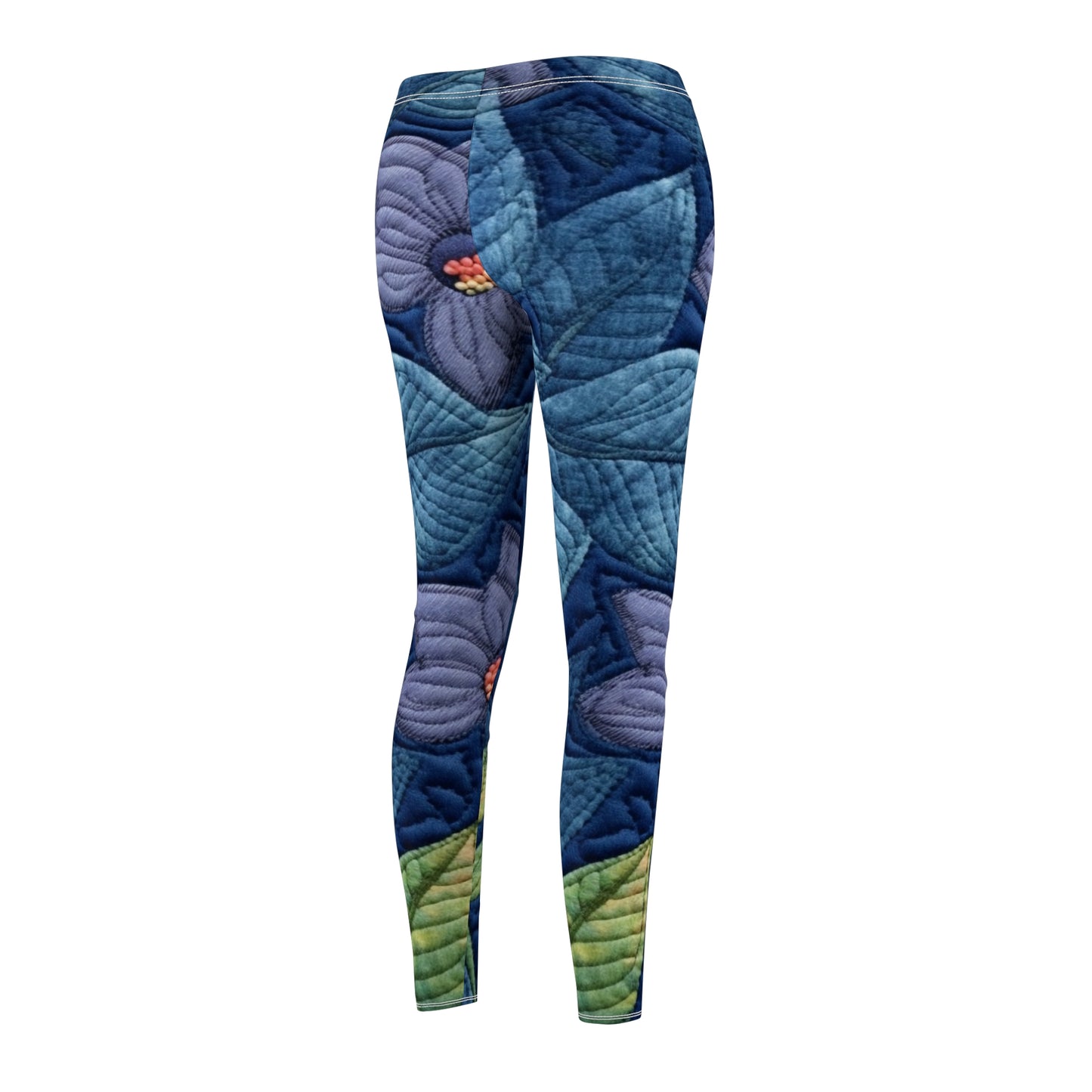 Floral Embroidery Blue: Denim-Inspired, Artisan-Crafted Flower Design - Women's Cut & Sew Casual Leggings (AOP)