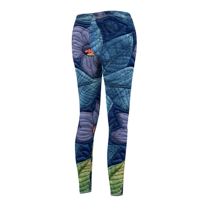 Floral Embroidery Blue: Denim-Inspired, Artisan-Crafted Flower Design - Women's Cut & Sew Casual Leggings (AOP)