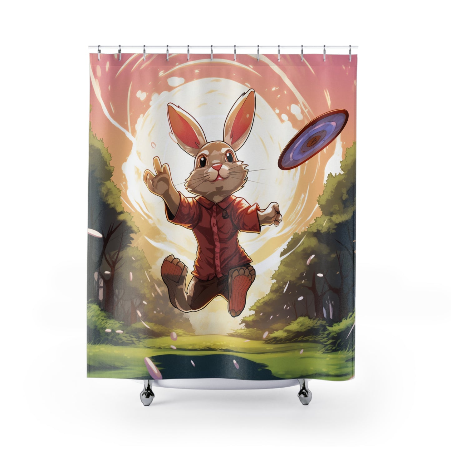 Disc Golf Rabbit: Bunny Aiming Frisbee for Basket Chain - Shower Curtains