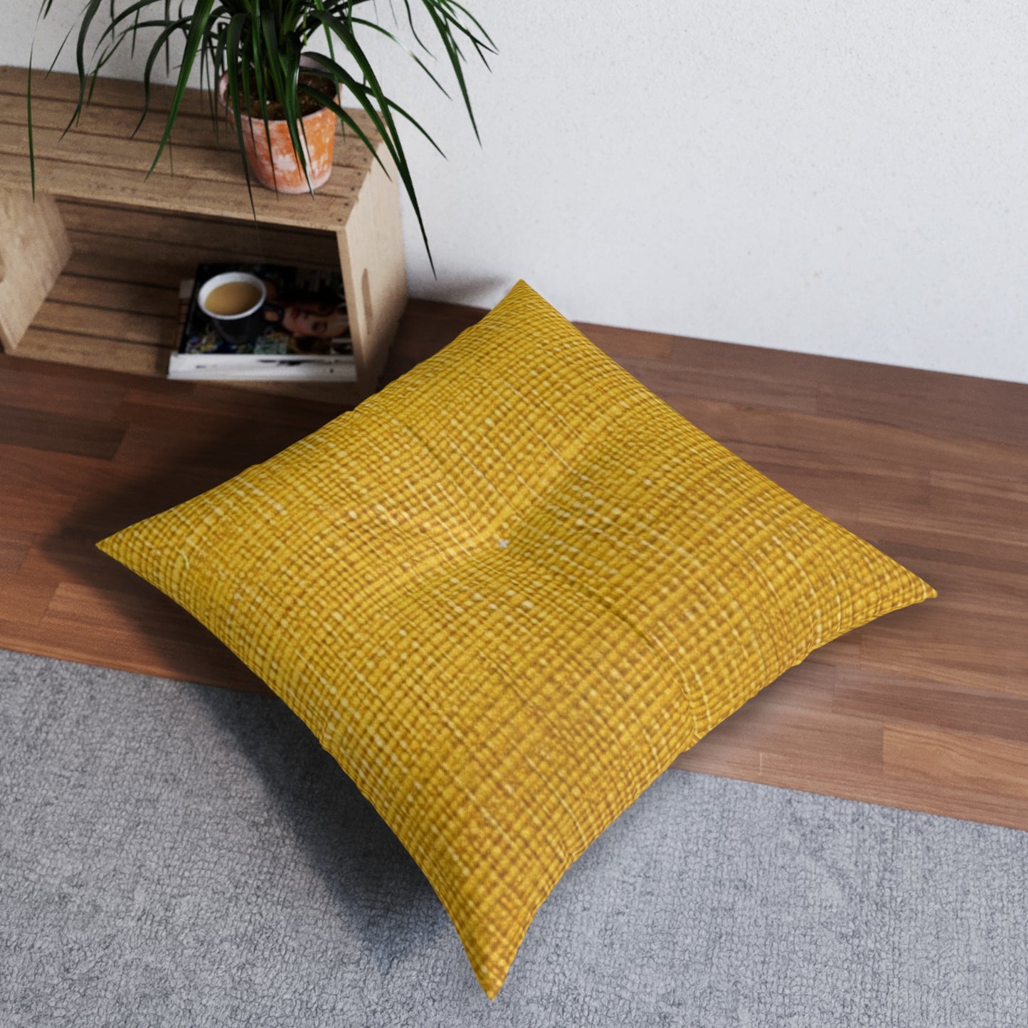 Radiant Sunny Yellow: Denim-Inspired Summer Fabric - Tufted Floor Pillow, Square