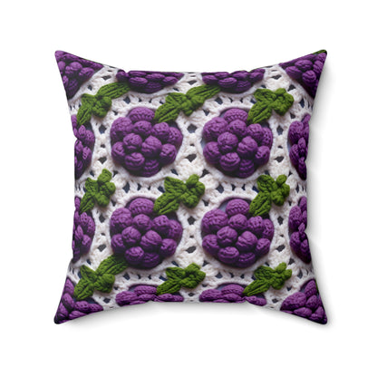 Crochet Grapes Pattern - Granny Square Design - Fresh Fruit Pick - Orchard Purple Snack Food - Spun Polyester Square Pillow