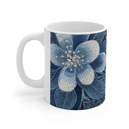 Flower Blossom Embroidery Floral on Denim Style - Ceramic Mug 11oz