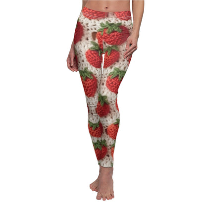 Strawberry Traditional Japanese, Crochet Craft, Fruit Design, Red Berry Pattern - Women's Cut & Sew Casual Leggings (AOP)