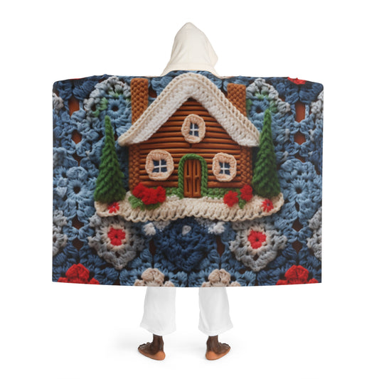 Cottagecore Log Cabin Crochet, Christmas Winter House Design, Rustic Holiday - Hooded Sherpa Fleece Blanket