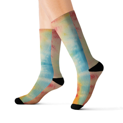 Rainbow Tie-Dye Denim: Espectáculo de diseño de tela multicolor vibrante - Calcetines de sublimación 