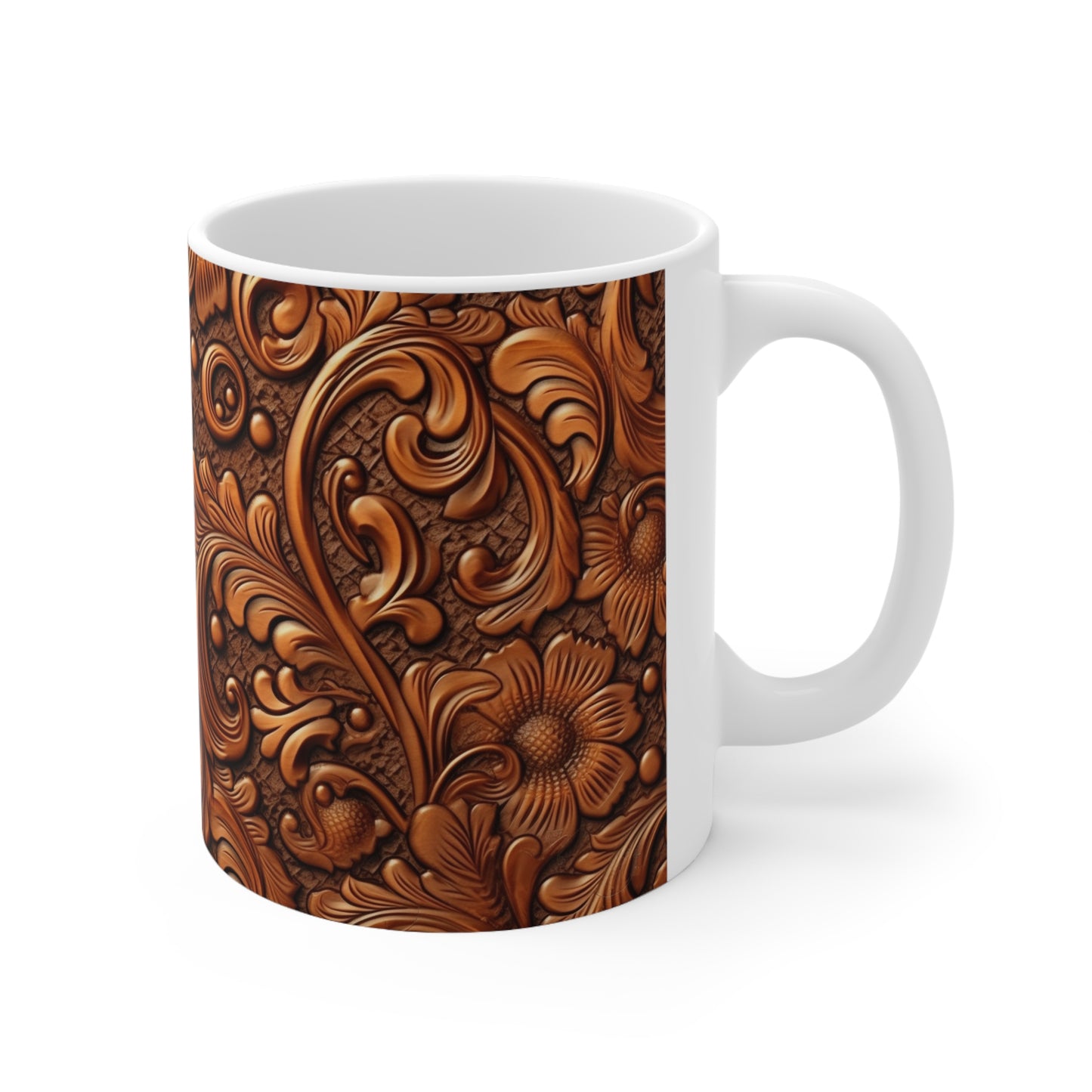 Leather Flower Cognac Classic Brown Timeless American Cowboy Design - Ceramic Mug 11oz