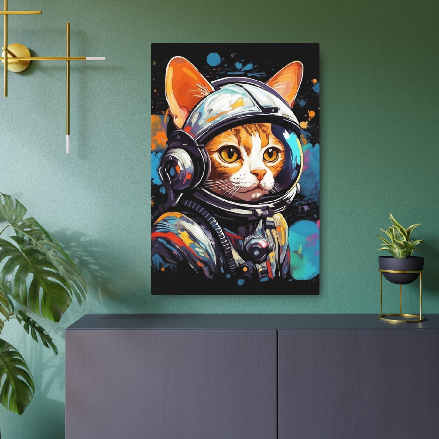 Astro Cat Adventure Feline - Pop Art, Floating in Cosmic Space - Metal Art Sign