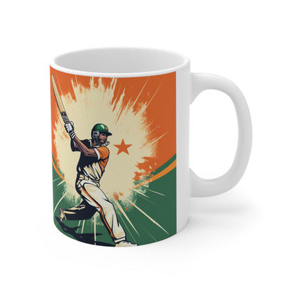 India Cricket Star: Batsman With Willow Bat, National Flag Style - Sport Game - Ceramic Mug 11oz