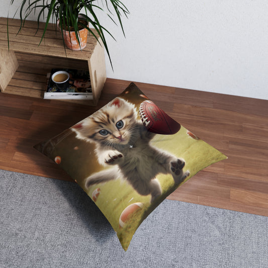 Football Kitty Fantasy: Feline Cat American Sport Quarterback - Tufted Floor Pillow, Square