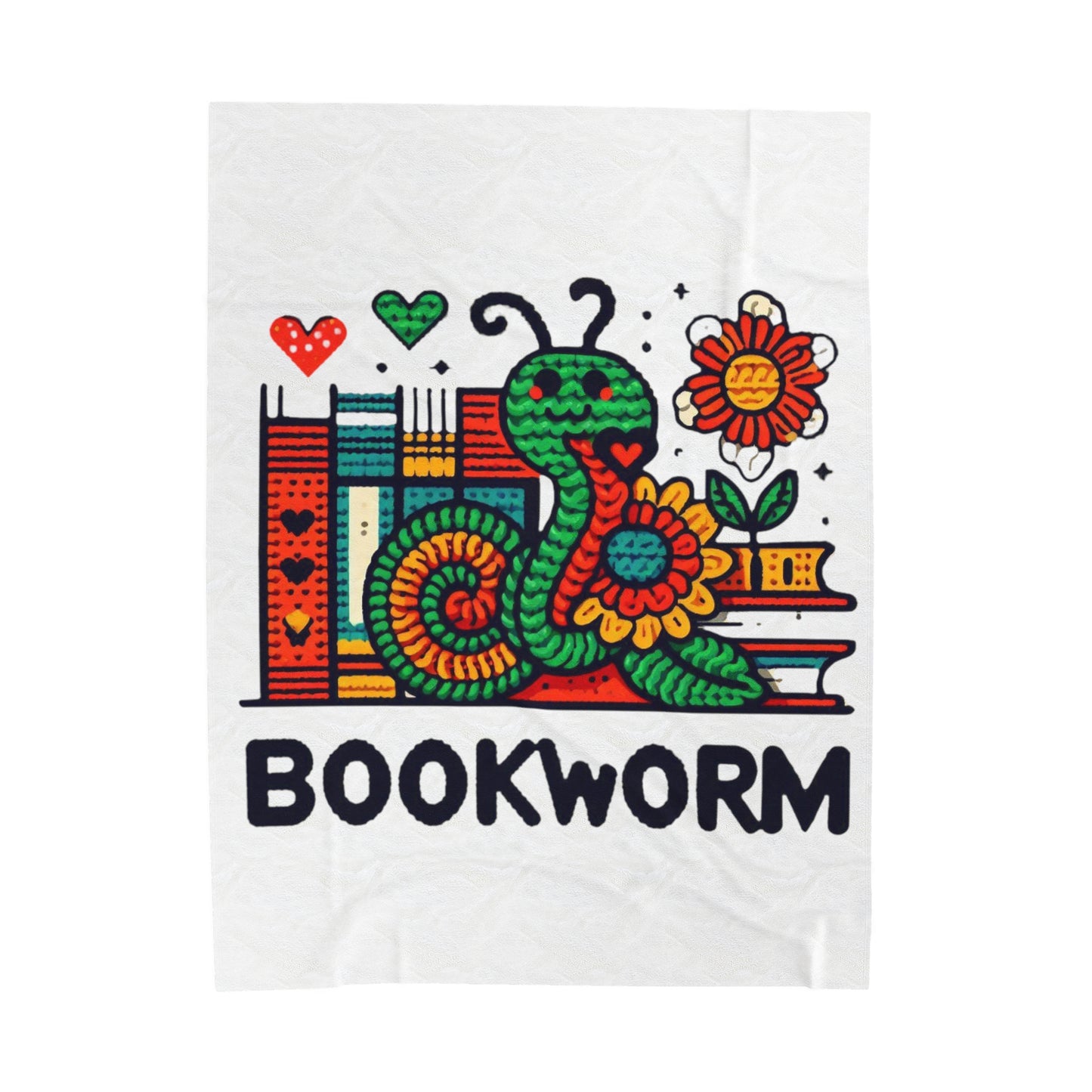 Bookworm Delight - Whimsical Book Lover Illustration, Colorful Reading Worm & Floral Books - Unique Reader's Gift - Velveteen Plush Blanket