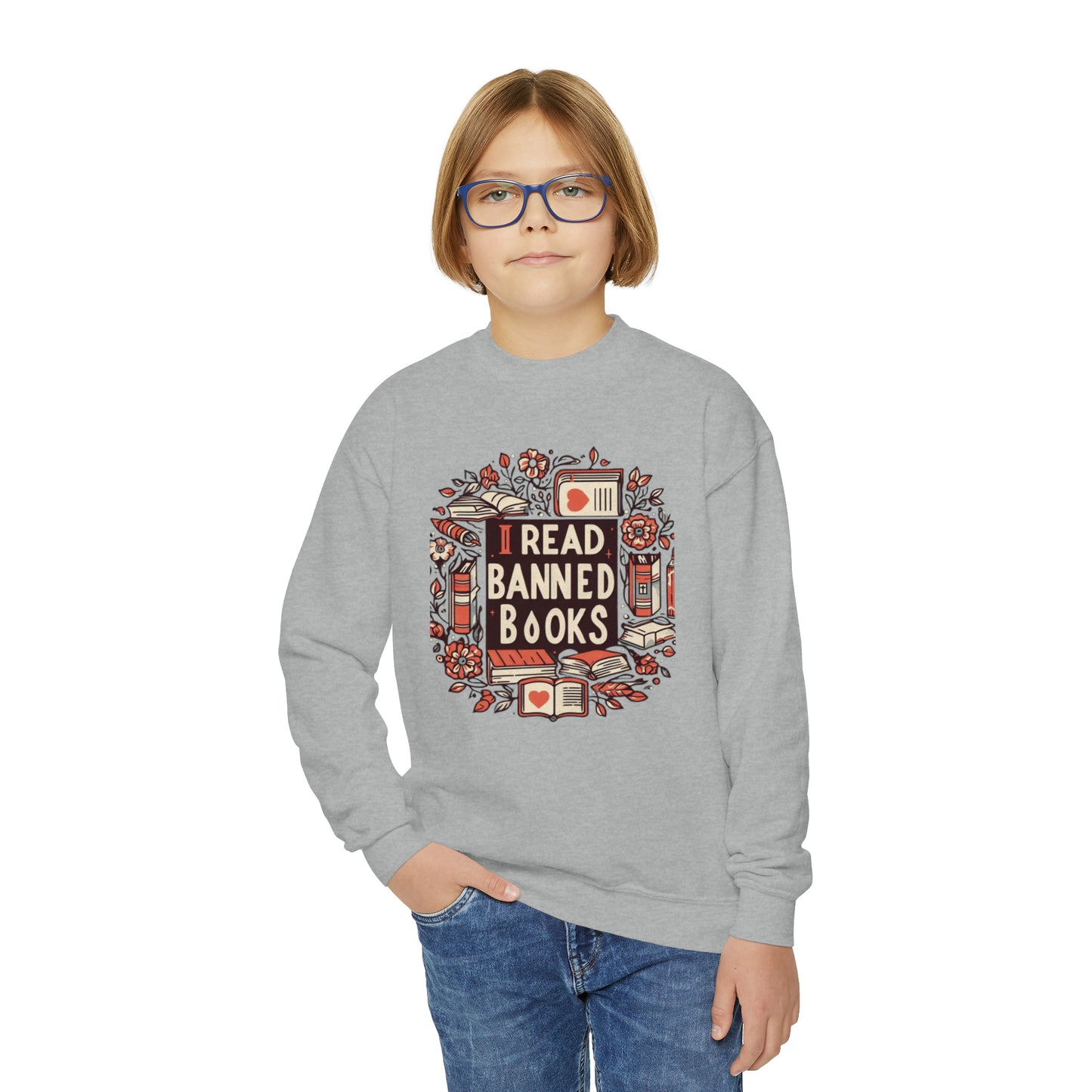 I Read Banned Books - Timeless Floral Bookshelf Illustration - Youth Crewneck Sweatshirt