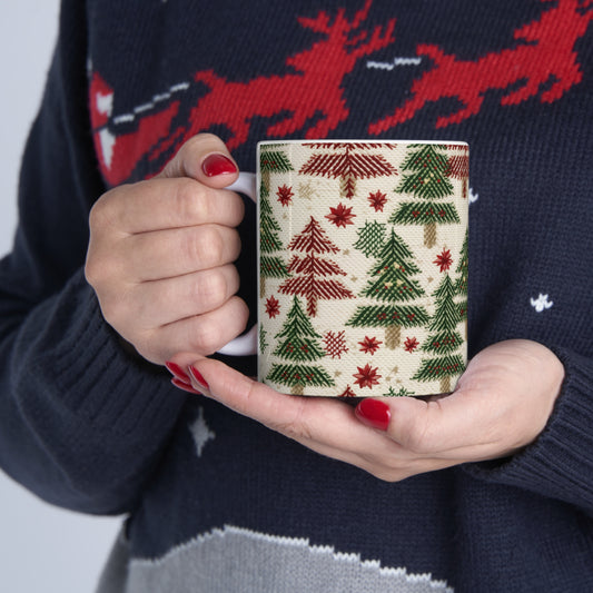 Invierno navideño bordado, costuras festivas, diseño clásico de temporada - Taza de cerámica de 11 oz 
