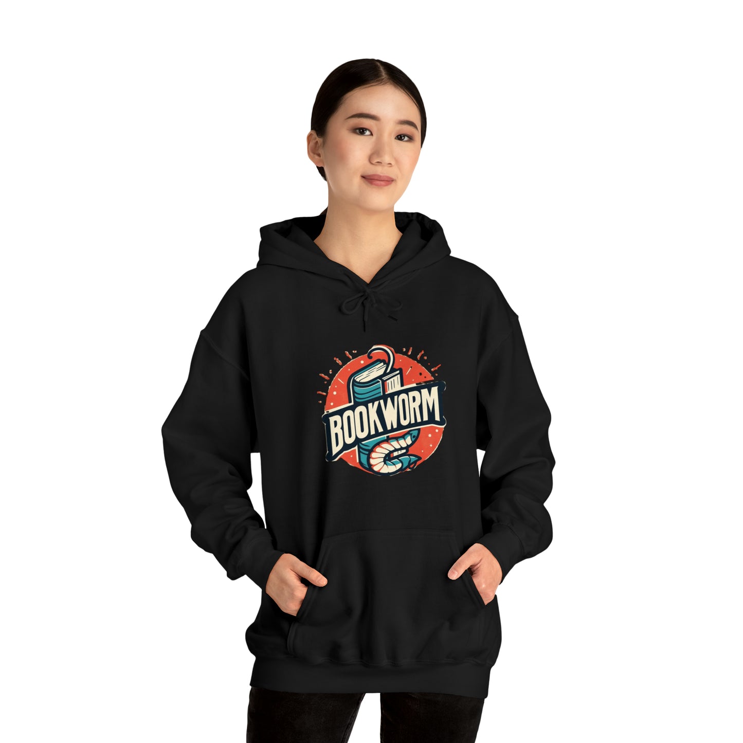 Bookworm Badge Graphic: Retro-Style Book Lover Emblem - Unisex Heavy Blend™ Hooded Sweatshirt