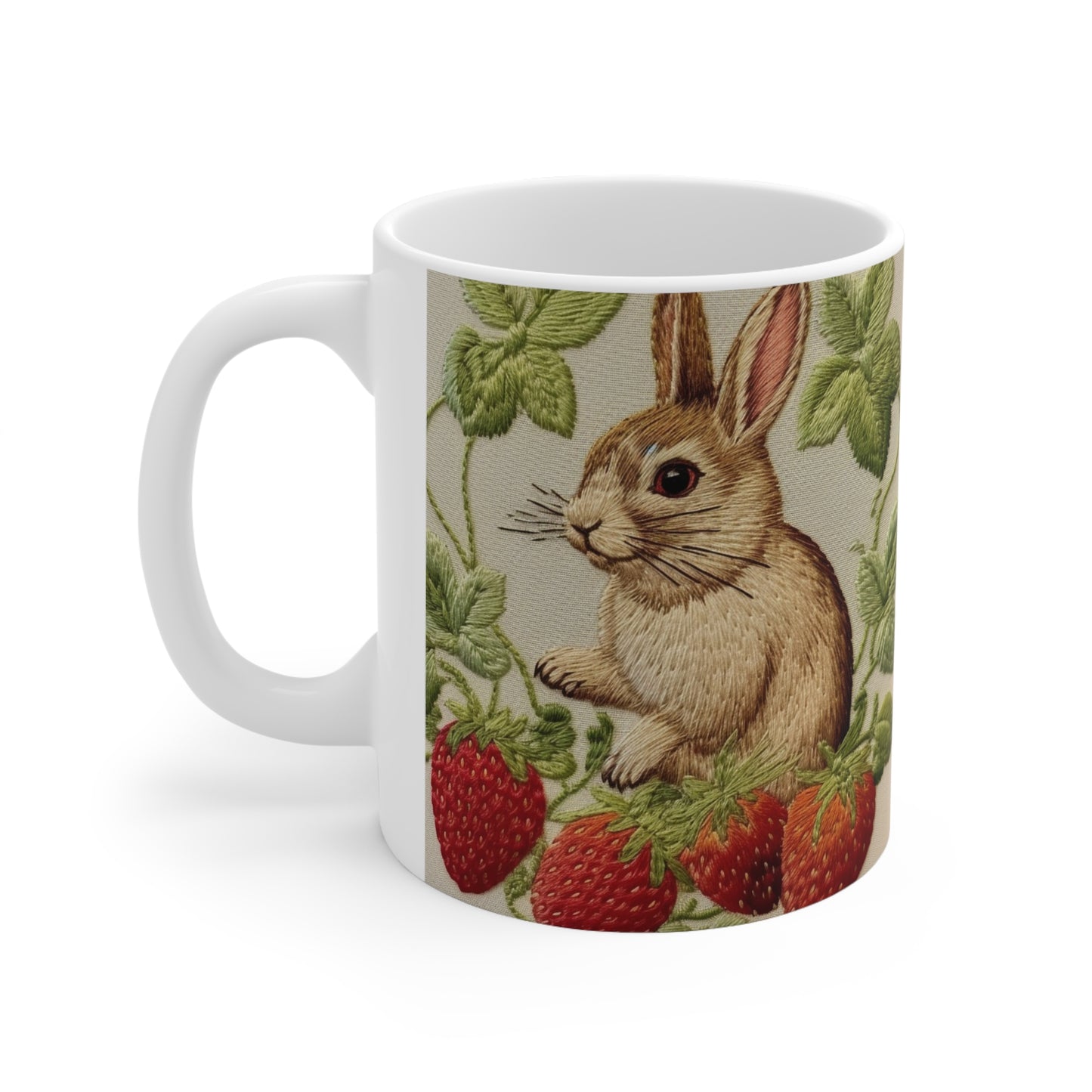 Strawberry Bunny Rabit - Embroidery Style - Strawberries Fruit Munchies - Easter Gift - Ceramic Mug 11oz