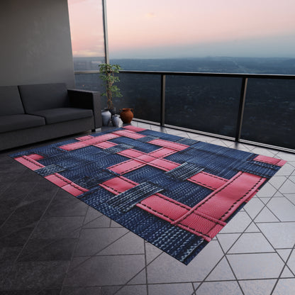 Candy-Striped Crossover: Pink Denim Ribbons Dancing on Blue Stage - Outdoor Rug