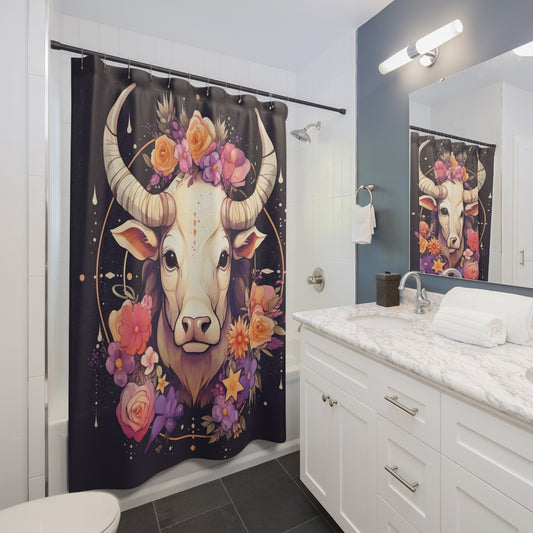 Taurus Zodiac Bull Flower Accents - Astrology Sign - Shower Curtains