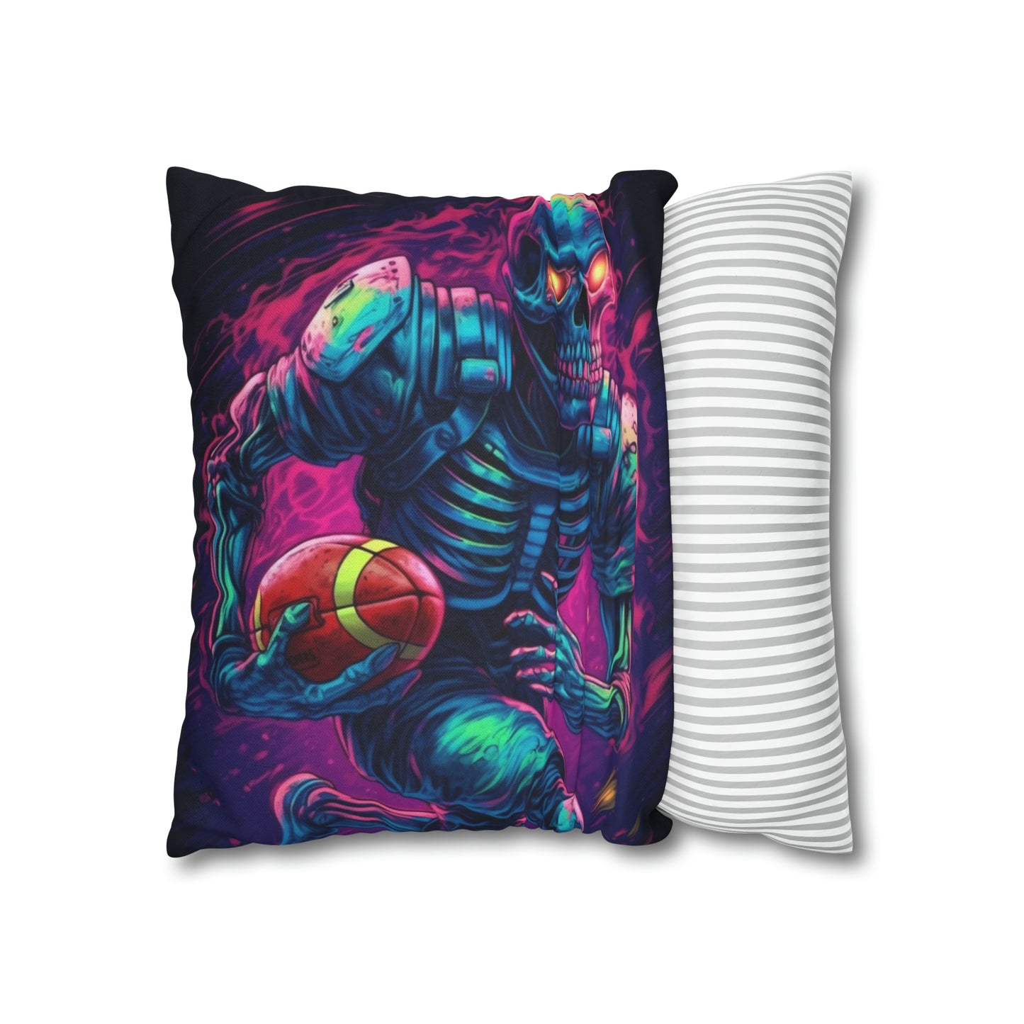 Spooky Football Game: Fantasy Skeleton Athlete Running with Ball, Sporty Halloween - Spun Polyester Square Pillow Case