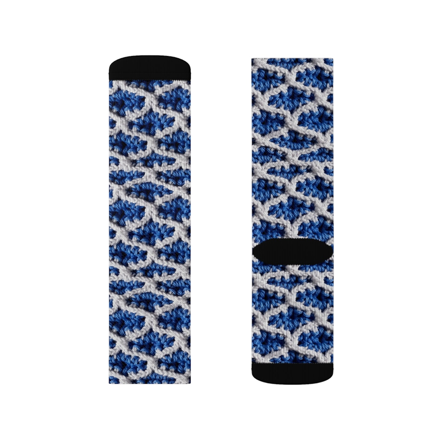 Blueberry Blue Crochet, White Accents, Classic Textured Pattern - Sublimation Socks