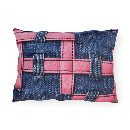 Candy-Striped Crossover: Pink Denim Ribbons Dancing on Blue Stage - Outdoor Pillows