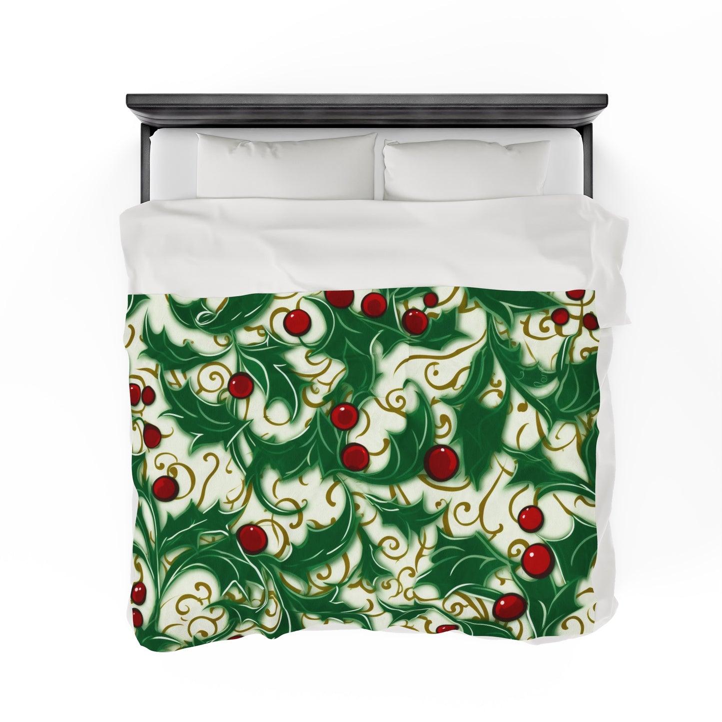 Holiday Elegance: Christmas Holly Swirls Design - Velveteen Plush Blanket