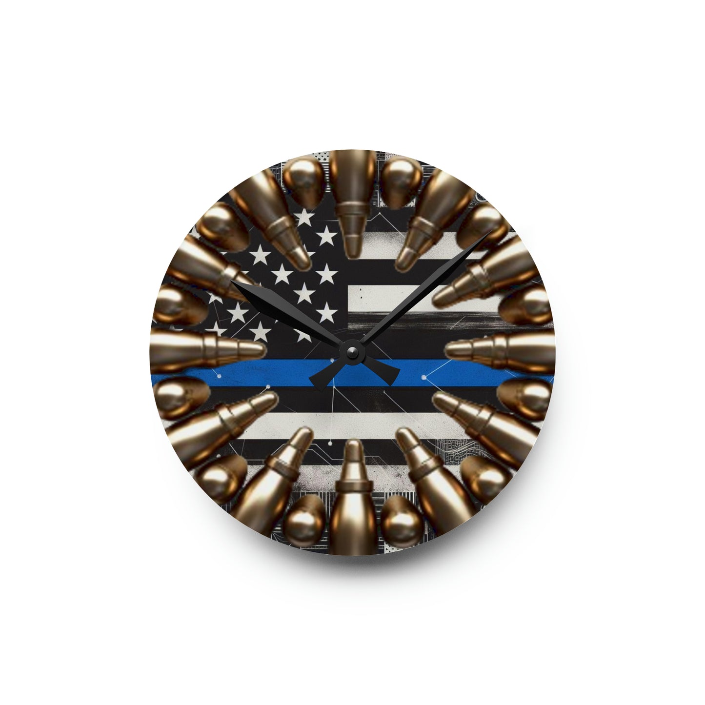 Hero Tribute Acrylic Wall Clock - Patriotic Service Emblem, Faux Ammo Design, American Flag Law Enforcement Timekeeper