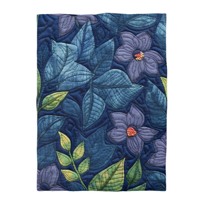 Floral Embroidery Blue: Denim-Inspired, Artisan-Crafted Flower Design - Microfiber Duvet Cover