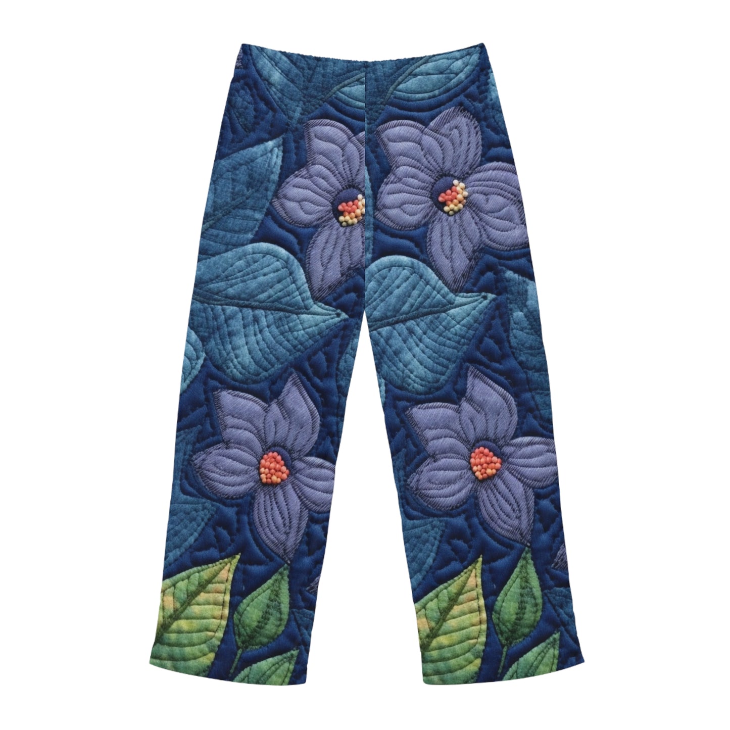 Azul bordado floral: diseño floral artesanal inspirado en la mezclilla - Pantalones de pijama para hombre (AOP) 