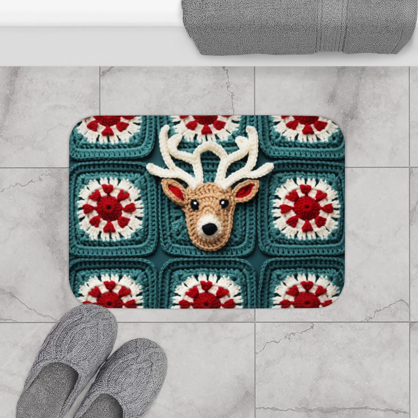 Christmas Reindeer Crochet, Wintry Wonderland Design, Festive Stag Motif. Embrace the Holiday Spirit - Bath Mat