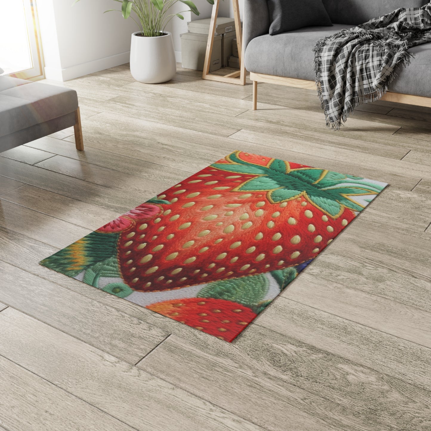 Berry Delight: Sun-Kissed Strawberries Fields Meet Embroidered Style Strawberry Patterns - Dobby Rug