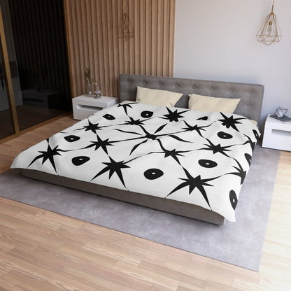 Mid Century Modern Asterisk Design - White & Black Atomic Starburst - Microfiber Duvet Cover