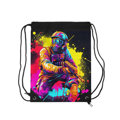 Paintball Action Sport: Player in Battle, Paint Splatter - Drawstring Bag