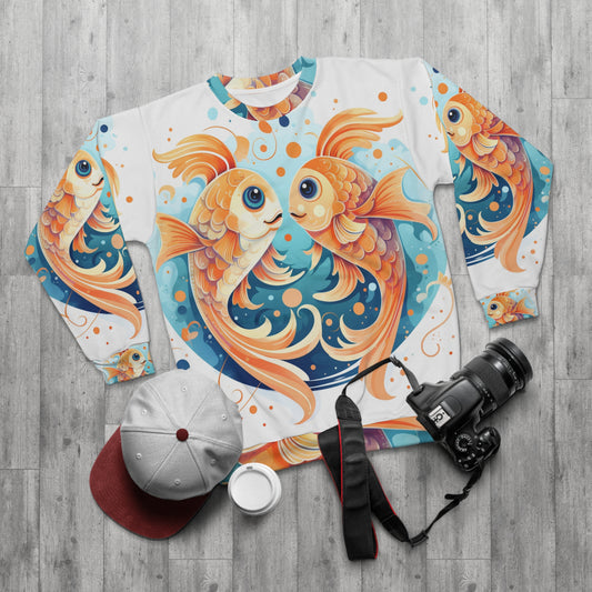 Charming Cartoon Fish Pisces - Dreamy Zodiac Illustration - Unisex Sweatshirt (AOP)