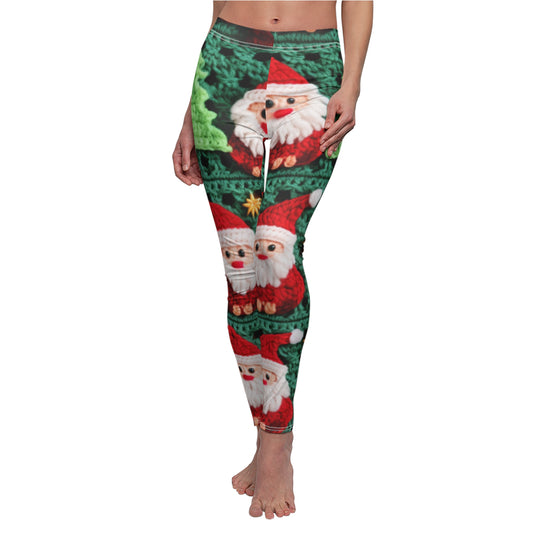 Patrón de ganchillo de Papá Noel, diseño navideño, decoración festiva, motivo de Papá Noel. Perfecto para la celebración navideña: leggings informales cortados y cosidos para mujer (AOP) 