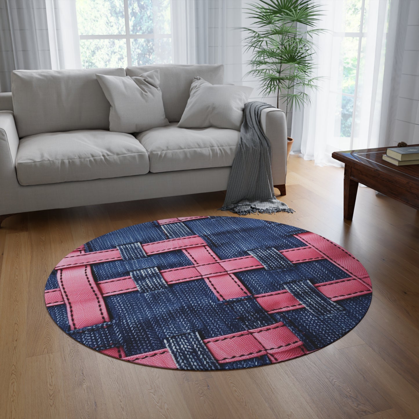 Candy-Striped Crossover: Pink Denim Ribbons Dancing on Blue Stage - Round Rug