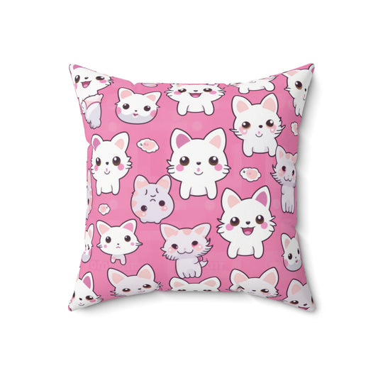 Adorable Cartoon-Style Anime Kitten, Cat, Kitty Pattern - Cute and Colorful - Spun Polyester Square Pillow