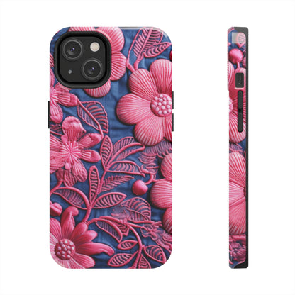 Denim Blue Doll Pink Floral Embroidery Style Fabric Flowers - Tough Phone Cases