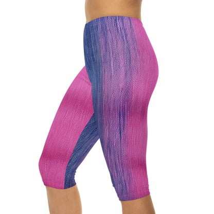 Dual Delight: Half-and-Half Pink & Blue Denim Daydream - Women’s Capri Leggings (AOP)