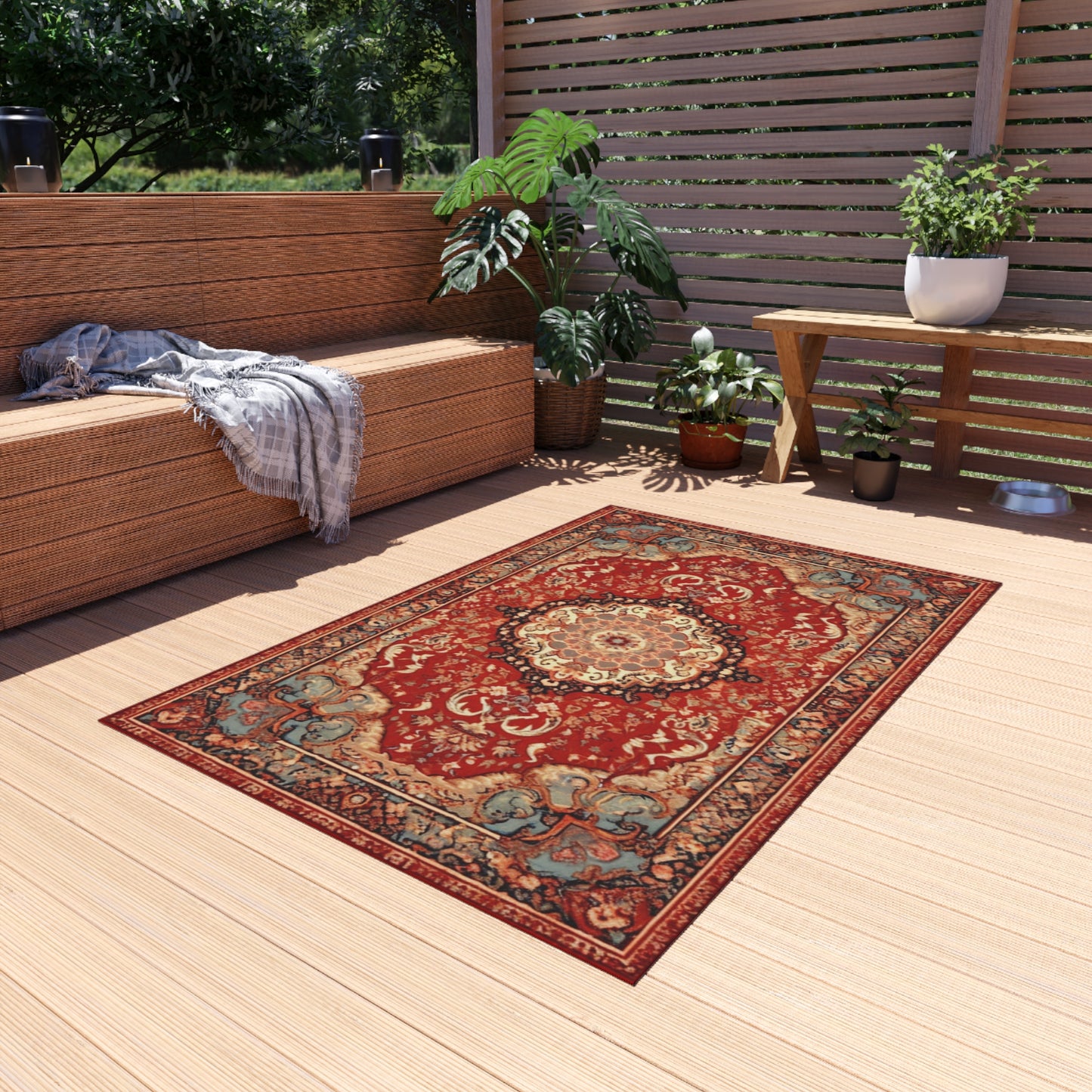 Chenille Outdoor Rug, Traditional Design, 8x10 or 5x8 Size Options, Red Oriental