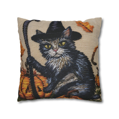 Halloween Cat Magic: Embroidered Style Feline with Pumpkins & Witch Hat - Spun Polyester Square Pillow Case