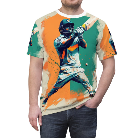 Cricket Batsman, Ball Strike, Indian Flag Color Background - Street Style - Unisex Cut & Sew Tee (AOP)