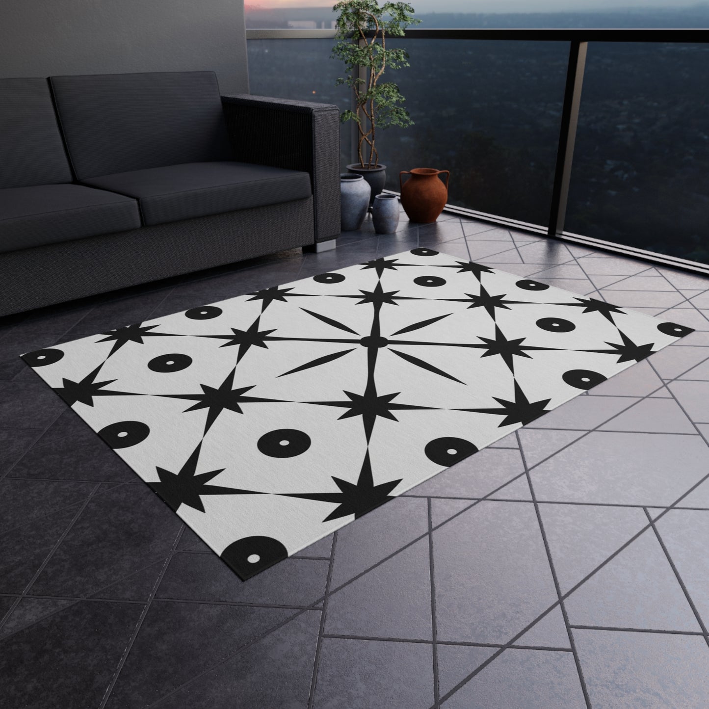 Mid Century Modern Asterisk Design - White & Black Atomic Starburst - Outdoor Rug