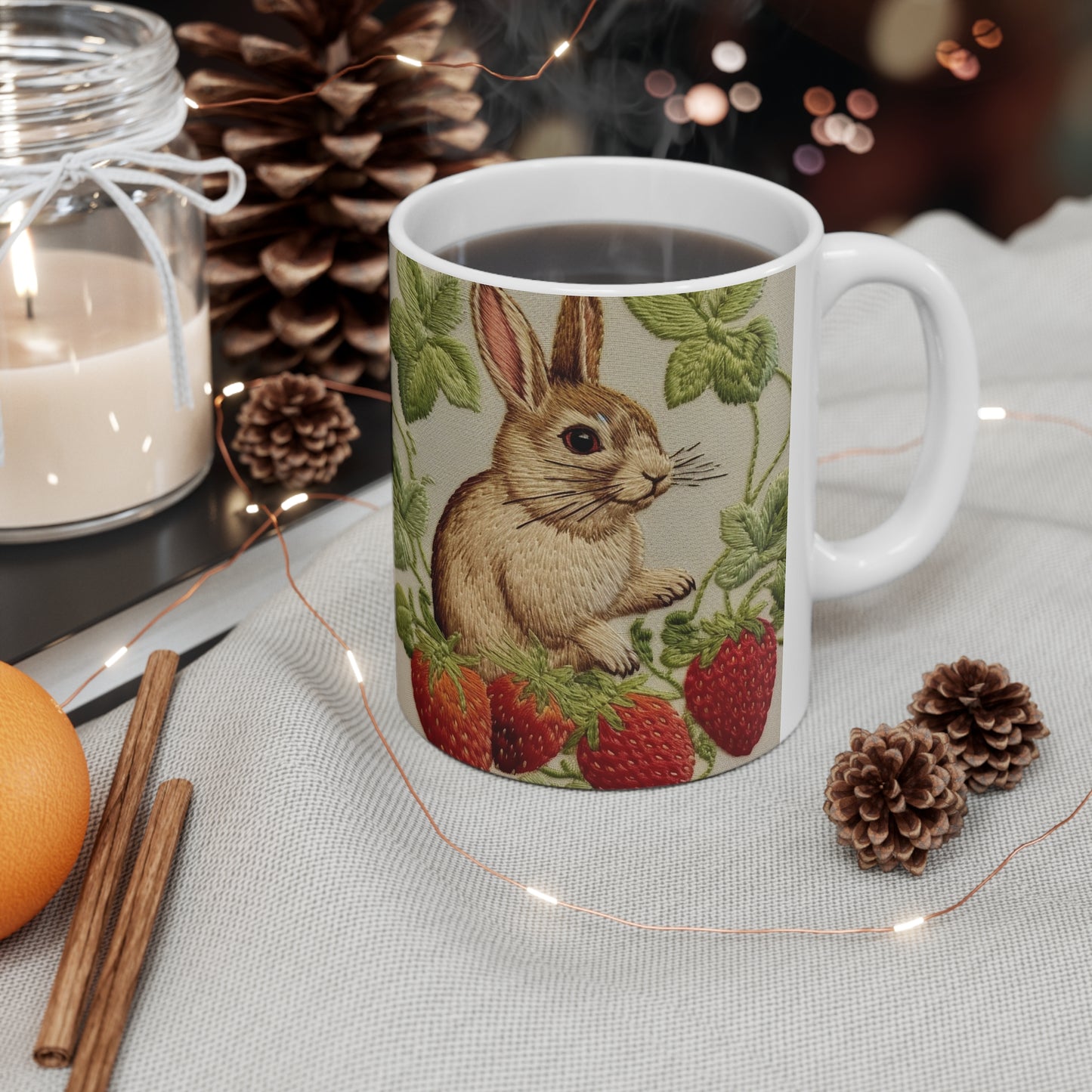 Strawberry Bunny Rabit - Embroidery Style - Strawberries Fruit Munchies - Easter Gift - Ceramic Mug 11oz