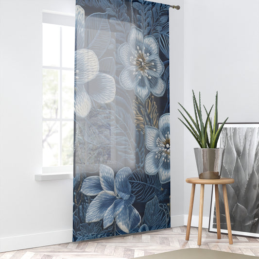 Flower Blossom Embroidery Floral on Denim Style - Window Curtain