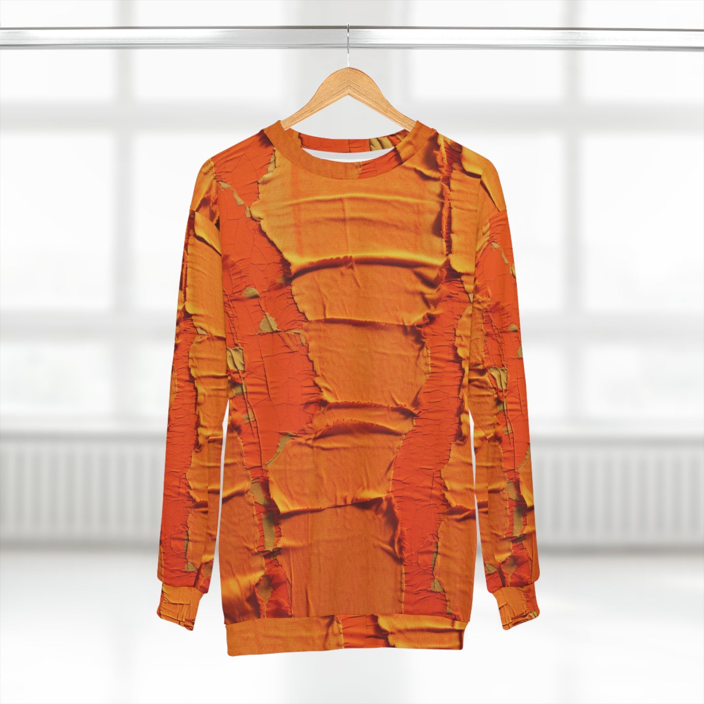 Fiery Citrus Orange: Edgy Distressed, Denim-Inspired Fabric - Unisex Sweatshirt (AOP)