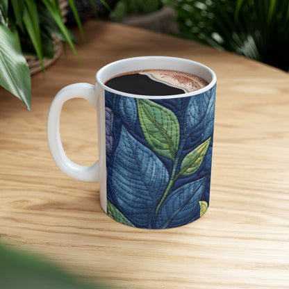 Floral Embroidery Blue: Denim-Inspired, Artisan-Crafted Flower Design - Ceramic Mug 11oz