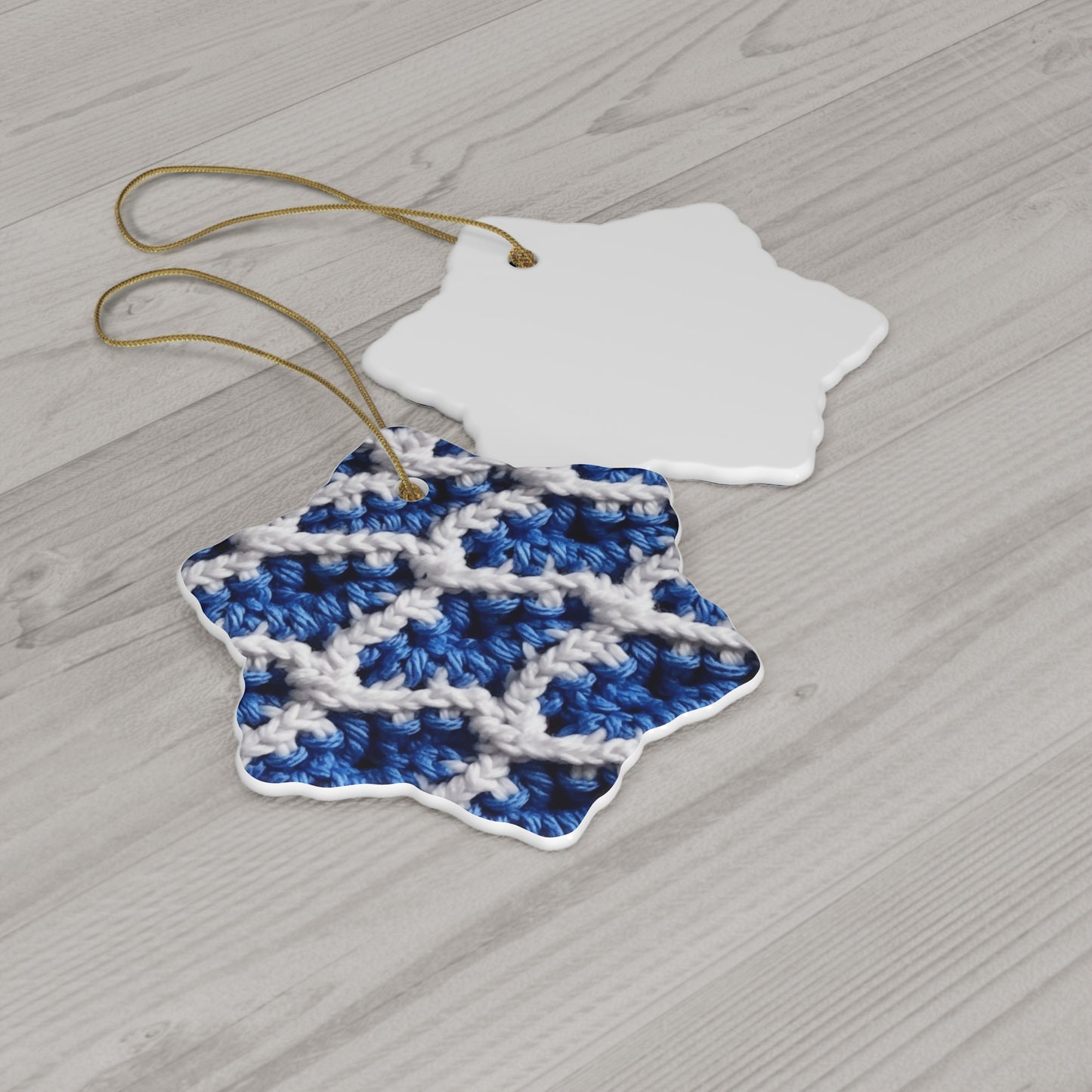 Blueberry Blue Crochet, White Accents, Classic Textured Pattern - Ceramic Ornament, 4 Shapes