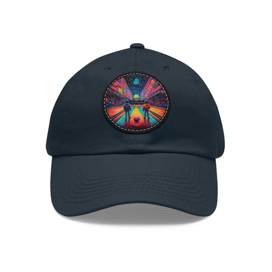 Trippy Bowling Alley: Retro-Futuristic Pin Strike Zone - Dad Hat with Leather Patch (Round)